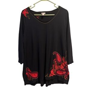 J. Jill Paisley Embroidered Tunic Top Large Boho Lagenlook Black Red Pima Cotton